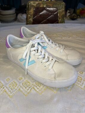 New Balance White Sneakers with Mint Side Logo and Lavender Heel